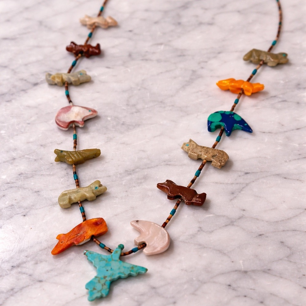 Vintage Native-Inspired Animal Fetish Necklace Turquoise Stone Statement